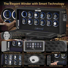 Load image into Gallery viewer, KEJIAR Automatic Watch Winder with 12 Watch Rotator, PU Leather Watch Spinner with Touch Screen, Remote, LED, 3 Modes, Fingerprint Lock, 4 Plugs, Quiet Storage Display Rotating Watch Case Gifts for Men