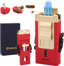 Load image into Gallery viewer, LIHTUN 3 Jet Flame Torch Lighter with Slide Cigar V Cutter, Cigar Holder, Cigar Draw Enhancer, Cigar Punch, Refillable Butane Lighter, Smoking Gift for Men