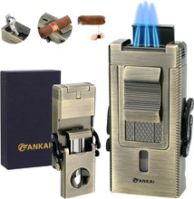 Load image into Gallery viewer, LIHTUN 3 Jet Flame Torch Lighter with Slide Cigar V Cutter, Cigar Holder, Cigar Draw Enhancer, Cigar Punch, Refillable Butane Lighter, Smoking Gift for Men