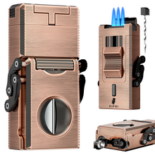 Load image into Gallery viewer, LIHTUN 3 Jet Flame Torch Lighter with Slide Cigar V Cutter, Cigar Holder, Cigar Draw Enhancer, Cigar Punch, Refillable Butane Lighter, Smoking Gift for Men