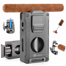 Load image into Gallery viewer, LIHTUN 2 Jet Flame Torch Lighter with Cigar V Cutter, Cigar Holder, Cigar Draw Enhancer, Cigar Punch, Refillable Butane Lighter, Smoking Gift for Men