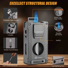 Load image into Gallery viewer, LIHTUN 2 Jet Flame Torch Lighter with Cigar V Cutter, Cigar Holder, Cigar Draw Enhancer, Cigar Punch, Refillable Butane Lighter, Smoking Gift for Men