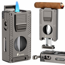 Load image into Gallery viewer, LIHTUN 2 Jet Flame Torch Lighter with Cigar V Cutter, Cigar Holder, Cigar Draw Enhancer, Cigar Punch, Refillable Butane Lighter, Smoking Gift for Men