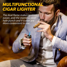 Load image into Gallery viewer, TISFA Torch Lighter with Cigar Cutter V Cut, Cigar Punch, Double Jet Flame Cigar Lighter, Refillable Butane Lighter, Cool Windproof Lighter for Smoking