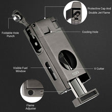Load image into Gallery viewer, TISFA Torch Lighter with Cigar Cutter V Cut, Cigar Punch, Double Jet Flame Cigar Lighter, Refillable Butane Lighter, Cool Windproof Lighter for Smoking