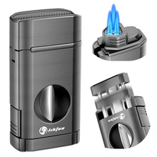 Load image into Gallery viewer, LIHTUN 3-in-1 Cigar Lighter, Triple Jet Flame Torch Lighter, One-Touch Cigar Cutter V Cut, Built-in Cigar Holder (Without Butane Gas)