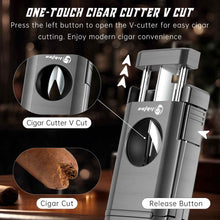 Load image into Gallery viewer, LIHTUN 3-in-1 Cigar Lighter, Triple Jet Flame Torch Lighter, One-Touch Cigar Cutter V Cut, Built-in Cigar Holder (Without Butane Gas)