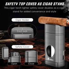Load image into Gallery viewer, LIHTUN 3-in-1 Cigar Lighter, Triple Jet Flame Torch Lighter, One-Touch Cigar Cutter V Cut, Built-in Cigar Holder (Without Butane Gas)