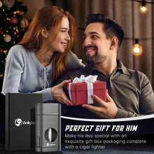 Load image into Gallery viewer, LIHTUN 3-in-1 Cigar Lighter, Triple Jet Flame Torch Lighter, One-Touch Cigar Cutter V Cut, Built-in Cigar Holder (Without Butane Gas)