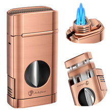 Load image into Gallery viewer, LIHTUN 3-in-1 Cigar Lighter, Triple Jet Flame Torch Lighter, One-Touch Cigar Cutter V Cut, Built-in Cigar Holder (Without Butane Gas)