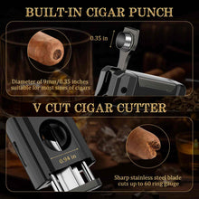 Load image into Gallery viewer, XIFEI 5-in-1 Cigar Lighter, 3 Jet Flame Refillable Butane Torch Lighters with Cigar Accessories, Pop-up V Cutter, Cigar Punch, Cigar Stand, Cigar Draw Enhancer