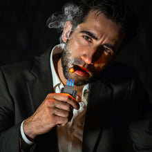 Load image into Gallery viewer, XIFEI 5-in-1 Cigar Lighter, 3 Jet Flame Refillable Butane Torch Lighters with Cigar Accessories, Pop-up V Cutter, Cigar Punch, Cigar Stand, Cigar Draw Enhancer