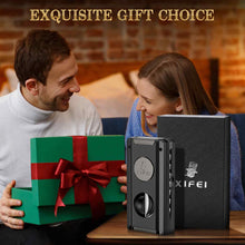 Load image into Gallery viewer, XIFEI 5-in-1 Cigar Lighter, 3 Jet Flame Refillable Butane Torch Lighters with Cigar Accessories, Pop-up V Cutter, Cigar Punch, Cigar Stand, Cigar Draw Enhancer