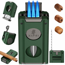 Load image into Gallery viewer, XIFEI 5-in-1 Cigar Lighter, 3 Jet Flame Refillable Butane Torch Lighters with Cigar Accessories, Pop-up V Cutter, Cigar Punch, Cigar Stand, Cigar Draw Enhancer