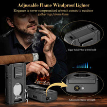 Load image into Gallery viewer, KEJIAR 5-in-1 Cigar Lighter, 3 Inline Jet Flame Butane Torch Lighter, Built-in Punch, Straight Cutter, Cigar Stand, Cigar Draw Enhancer