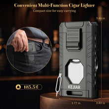 Load image into Gallery viewer, KEJIAR 5-in-1 Cigar Lighter, 3 Inline Jet Flame Butane Torch Lighter, Built-in Punch, Straight Cutter, Cigar Stand, Cigar Draw Enhancer