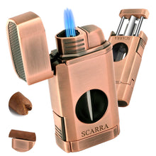 Load image into Gallery viewer, LIHTUN 3-in-1 Cigar Lighter, Triple Jet Flame Torch Lighter, One-Touch Cigar Cutter V Cut, Built-in Cigar Holder (Without Butane Gas)