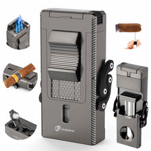 Load image into Gallery viewer, LIHTUN 3 Jet Flame Torch Lighter with Slide Cigar V Cutter, Cigar Holder, Cigar Draw Enhancer, Cigar Punch, Refillable Butane Lighter, Smoking Gift for Men