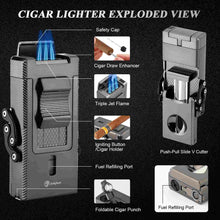 Load image into Gallery viewer, LIHTUN 3 Jet Flame Torch Lighter with Slide Cigar V Cutter, Cigar Holder, Cigar Draw Enhancer, Cigar Punch, Refillable Butane Lighter, Smoking Gift for Men