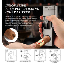 Load image into Gallery viewer, LIHTUN 3 Jet Flame Torch Lighter with Slide Cigar V Cutter, Cigar Holder, Cigar Draw Enhancer, Cigar Punch, Refillable Butane Lighter, Smoking Gift for Men