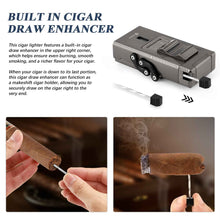 Load image into Gallery viewer, LIHTUN 3 Jet Flame Torch Lighter with Slide Cigar V Cutter, Cigar Holder, Cigar Draw Enhancer, Cigar Punch, Refillable Butane Lighter, Smoking Gift for Men