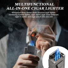 Load image into Gallery viewer, LIHTUN 3 Jet Flame Torch Lighter with Slide Cigar V Cutter, Cigar Holder, Cigar Draw Enhancer, Cigar Punch, Refillable Butane Lighter, Smoking Gift for Men
