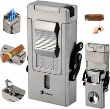 Load image into Gallery viewer, LIHTUN 3 Jet Flame Torch Lighter with Slide Cigar V Cutter, Cigar Holder, Cigar Draw Enhancer, Cigar Punch, Refillable Butane Lighter, Smoking Gift for Men
