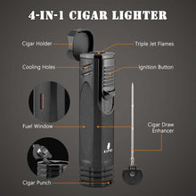 Load image into Gallery viewer, XIFEI Cigar Lighter 3-Angled Jet Flames, Cigar Puncher, Cigar Draw Enhancer, Cigar Stand, 4-in-1Refillable Butane Torch Lighter
