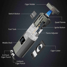Load image into Gallery viewer, FANKAI 4 Jet Flame Torch Lighter with Cigar Cutter, Cigar Holder, Dual Cigar Punches, Refillable Butane Lighter, Smoking Gift for Men