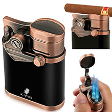 Load image into Gallery viewer, XIFEI 4 Jet Flame Torch Lighter with Cigar Stand, Windproof Rocker Lighter with Adjustable Flame, Refillable Butane Lighter for Smoking