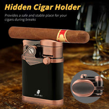 Load image into Gallery viewer, XIFEI 4 Jet Flame Torch Lighter with Cigar Stand, Windproof Rocker Lighter with Adjustable Flame, Refillable Butane Lighter for Smoking