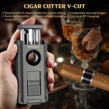 Load image into Gallery viewer, LIHTUN 5-in-1 Cigar Lighter, 2 Jet Flame Refillable Butane Torch Lighter, Manual Flame Adjustment Switch, Built-in Punch, Guillotine Cigar Cutter, V Cutter, 2 Cigar Stands
