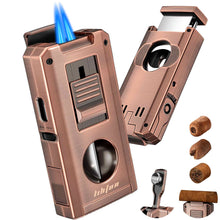 Load image into Gallery viewer, LIHTUN 5-in-1 Cigar Lighter, 2 Jet Flame Refillable Butane Torch Lighter, Manual Flame Adjustment Switch, Built-in Punch, Guillotine Cigar Cutter, V Cutter, 2 Cigar Stands