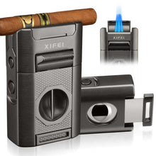 Load image into Gallery viewer, XIFEI 6-in-1 Cigar Lighter, Desktop Torch Lighter with Straight Cut V-Cut Cigar Cutter, Dual Cigar Punch, Cigar Draw Enhancer, Cigar Holder, 4 Jet Flame Refillable Butane Lighter