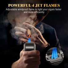 Load image into Gallery viewer, XIFEI 6-in-1 Cigar Lighter, Desktop Torch Lighter with Straight Cut V-Cut Cigar Cutter, Dual Cigar Punch, Cigar Draw Enhancer, Cigar Holder, 4 Jet Flame Refillable Butane Lighter