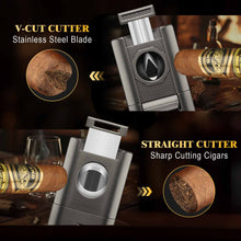 Load image into Gallery viewer, XIFEI 6-in-1 Cigar Lighter, Desktop Torch Lighter with Straight Cut V-Cut Cigar Cutter, Dual Cigar Punch, Cigar Draw Enhancer, Cigar Holder, 4 Jet Flame Refillable Butane Lighter
