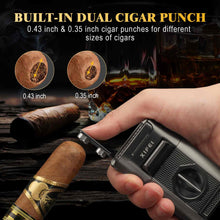Load image into Gallery viewer, XIFEI 6-in-1 Cigar Lighter, Desktop Torch Lighter with Straight Cut V-Cut Cigar Cutter, Dual Cigar Punch, Cigar Draw Enhancer, Cigar Holder, 4 Jet Flame Refillable Butane Lighter