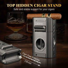 Load image into Gallery viewer, XIFEI 6-in-1 Cigar Lighter, Desktop Torch Lighter with Straight Cut V-Cut Cigar Cutter, Dual Cigar Punch, Cigar Draw Enhancer, Cigar Holder, 4 Jet Flame Refillable Butane Lighter