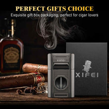 Load image into Gallery viewer, XIFEI 6-in-1 Cigar Lighter, Desktop Torch Lighter with Straight Cut V-Cut Cigar Cutter, Dual Cigar Punch, Cigar Draw Enhancer, Cigar Holder, 4 Jet Flame Refillable Butane Lighter