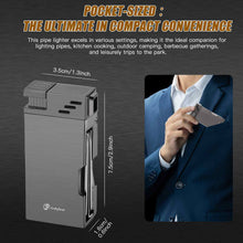 Load image into Gallery viewer, LIHTUN Soft Flame Pipe Lighter with Pipe Stand, Refillable Butane Lighter with Stainless Steel Pipe Tools Needle Tamper Scraper, Smoking Gift for Men