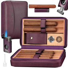 Load image into Gallery viewer, TISFA Cigar Humidor, Leather Cedar Wood Cigar Case with Cigar Lighter, V Cut Cigar Cutter, Cigar Holder 3 in 1, Portable Travel Cigar Humidor Box with Humidifier, Cigar Gift Set