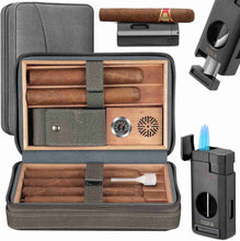 Load image into Gallery viewer, TISFA Cigar Humidor, Leather Cedar Wood Cigar Case with Cigar Lighter, V Cut Cigar Cutter, Cigar Holder 3 in 1, Portable Travel Cigar Humidor Box with Humidifier, Cigar Gift Set