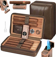 Load image into Gallery viewer, TISFA Cigar Humidor, Leather Cedar Wood Cigar Case with Cigar Lighter, V Cut Cigar Cutter, Cigar Holder 3 in 1, Portable Travel Cigar Humidor Box with Humidifier, Cigar Gift Set