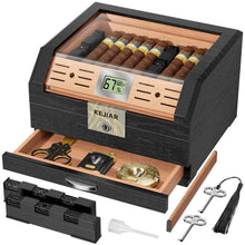 Load image into Gallery viewer, TISFA Cedar Wood Lined Humidor for 45-60 Cigars, Acrylic Top Cigar Box with Lock, Digital Hygrometer 2 Adjustable Humidifiers Drawer Cedar Tray Divider, Desktop Cigar Storage Case