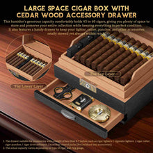 Load image into Gallery viewer, TISFA Cedar Wood Lined Humidor for 45-60 Cigars, Acrylic Top Cigar Box with Lock, Digital Hygrometer 2 Adjustable Humidifiers Drawer Cedar Tray Divider, Desktop Cigar Storage Case