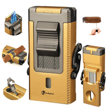 Load image into Gallery viewer, LIHTUN 3 Jet Flame Torch Lighter with Slide Cigar V Cutter, Cigar Holder, Cigar Draw Enhancer, Cigar Punch, Refillable Butane Lighter, Smoking Gift for Men