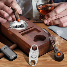 Load image into Gallery viewer, FANKAI Cigar Ashtray Set, Wooden Ash Tray with Accessories Drawer, Refillable Cigar Lighter with Punch, Stainless Steel Guillotine Cutter, Smoking Pipe, 3 Cigar Stands