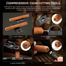 Load image into Gallery viewer, LIHTUN 3-layer Plastic Travel Humidor Case with Cigar Cutters, V Cutter, Straight Cutter, Cigar Punch, Cigar Humidity Pack, Hygrometer, Holds Up to 10 Cigars