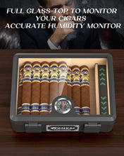 Load image into Gallery viewer, FANKAI Cigar Humidor, Full Glass Top Cigar Case with Humidifier and Hygrometer, Cedar Wood Lining Storage Box with Divider for 20-25 Cigars