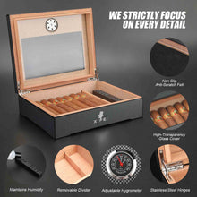 Load image into Gallery viewer, XIFEI Cigar Humidor, Glass Top Carbon Fiber Texture with Hygrometer, Including Cigar Humidifier, Divider, Cedar Wood Humidor Box Holds 20-30 Cigars (9IN*7.5*2.8)